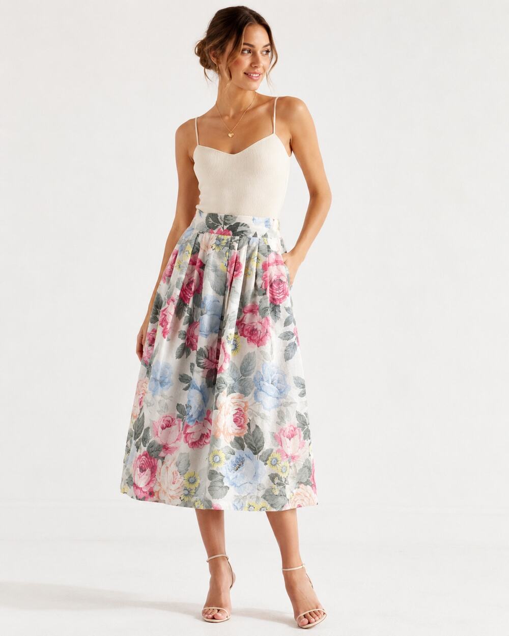 Vintage 70s 80s Pastel Rose Cotton Midi Skirt | Pleated Floral S